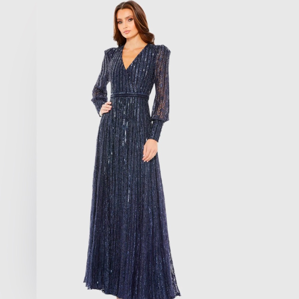 MAC DUGGAL Blue Beaded Lace Long Sleeve Wrap Over Gown size 14 style # 93679
